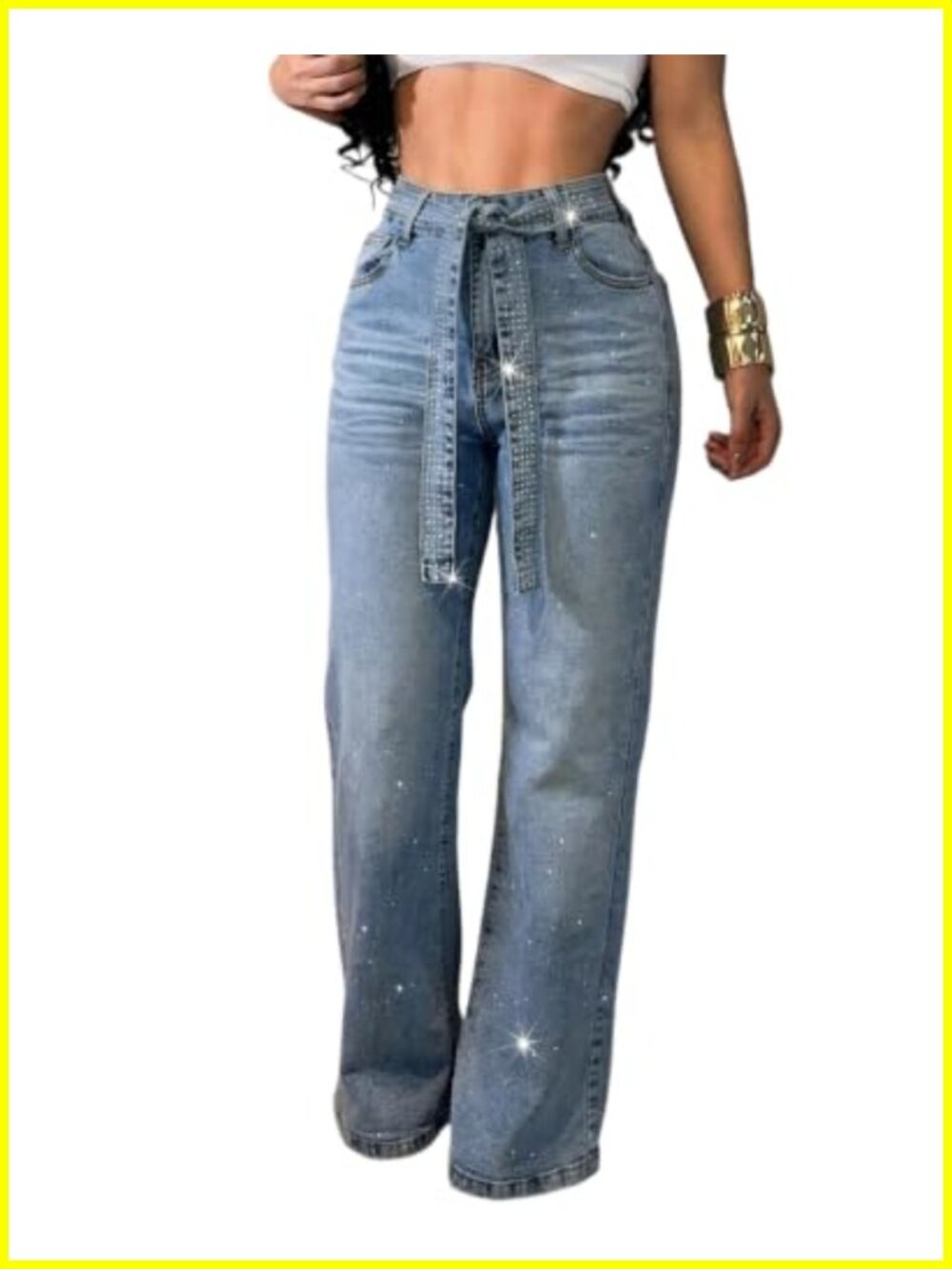 High Waisted Wide Leg Jeans Rhinestone Embellished Denim Pants with Matching